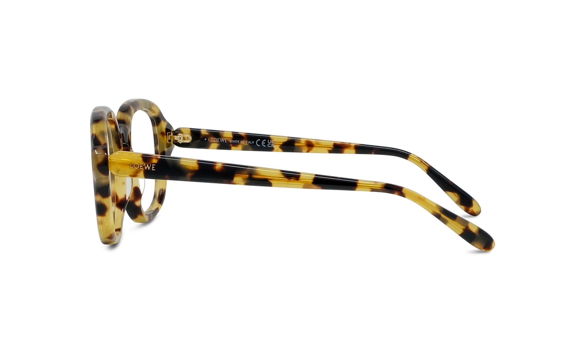 A pair of tortoiseshell-patterned eyeglasses with a gold-colored frame.