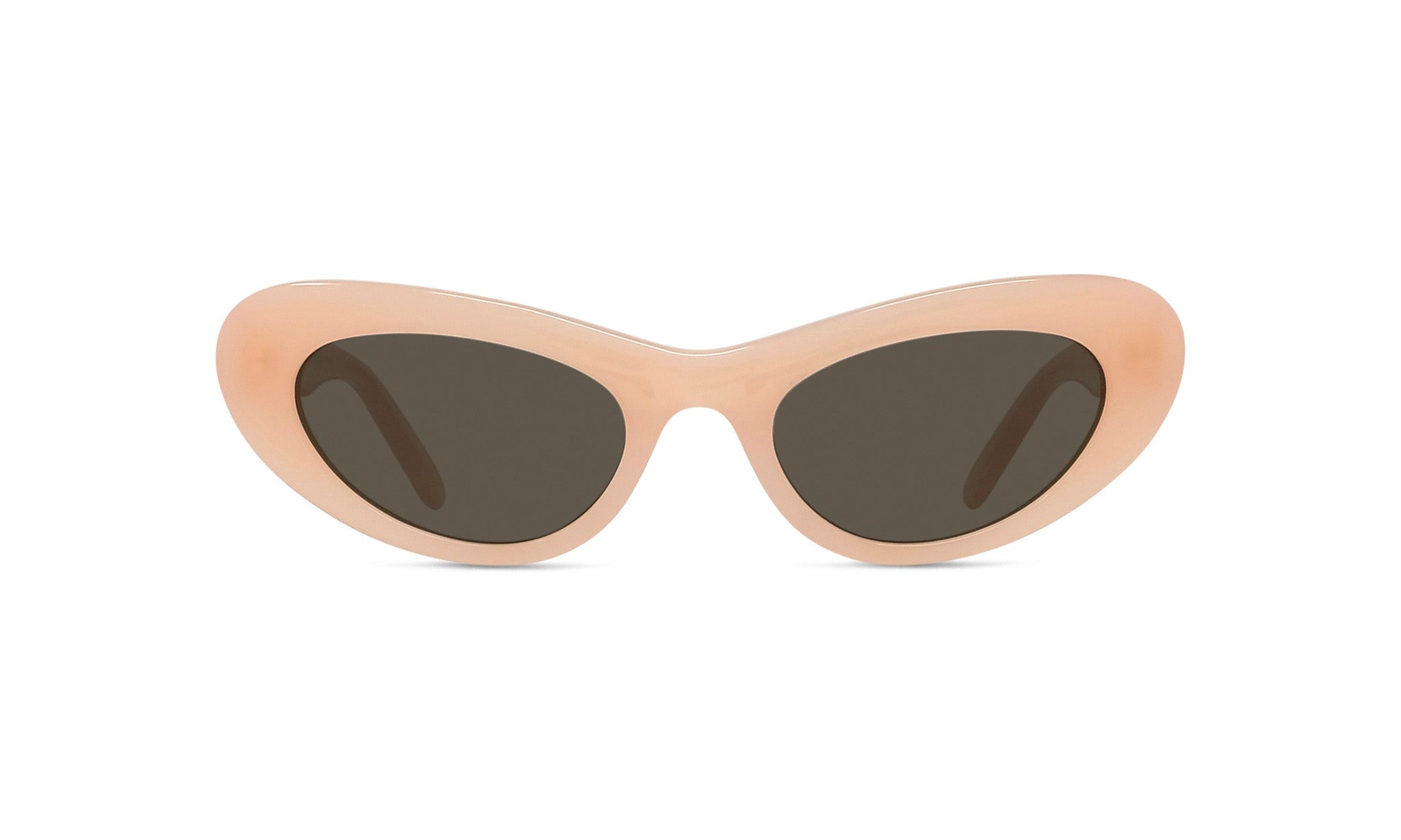A pair of sunglasses with a light peach frame and dark lenses.