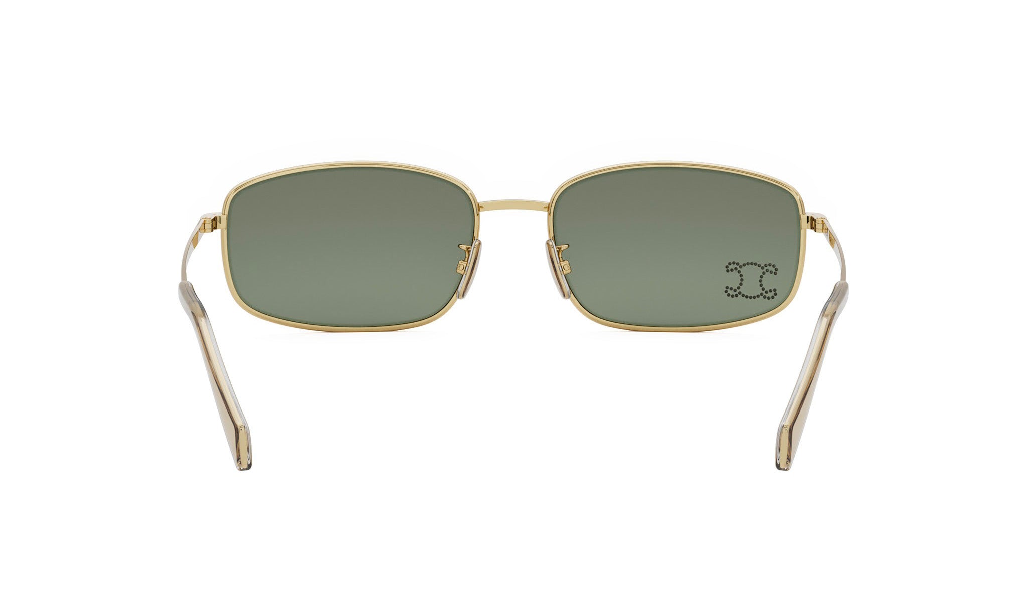 A pair of gold-framed sunglasses with dark green lenses.