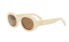 A pair of white, round sunglasses with brown lenses.