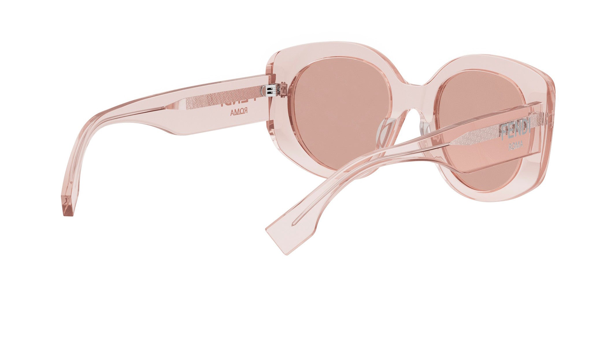 A pair of pink-tinted sunglasses with a round frame and a curved nose.