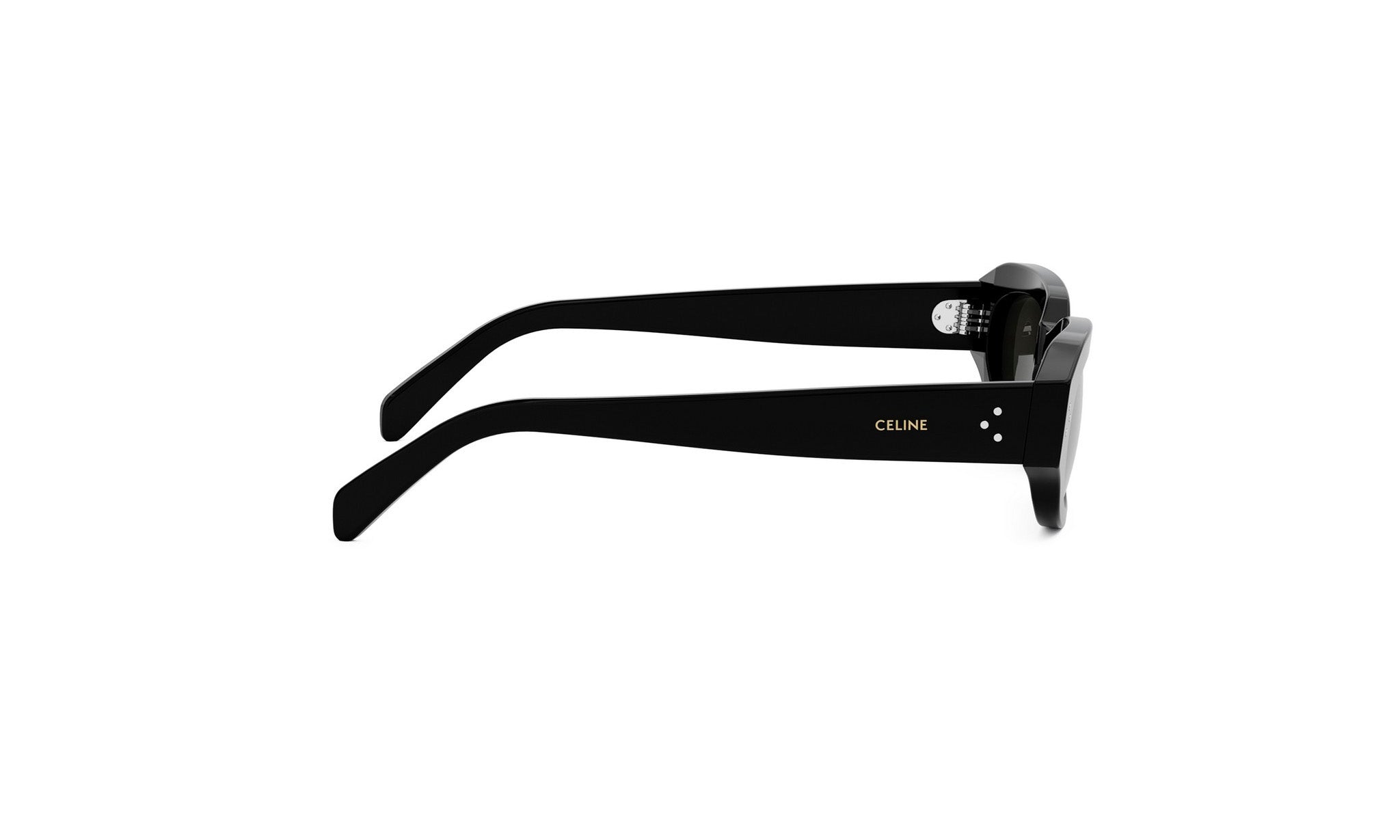A pair of black sunglasses with the Celine logo visible on the frame.