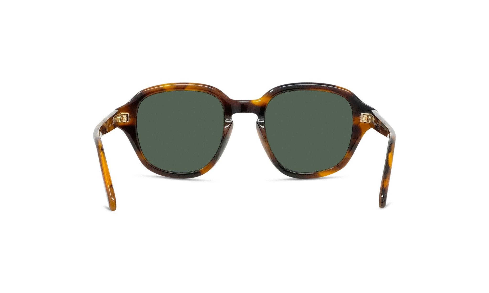 A pair of tortoiseshell sunglasses with dark green lenses.