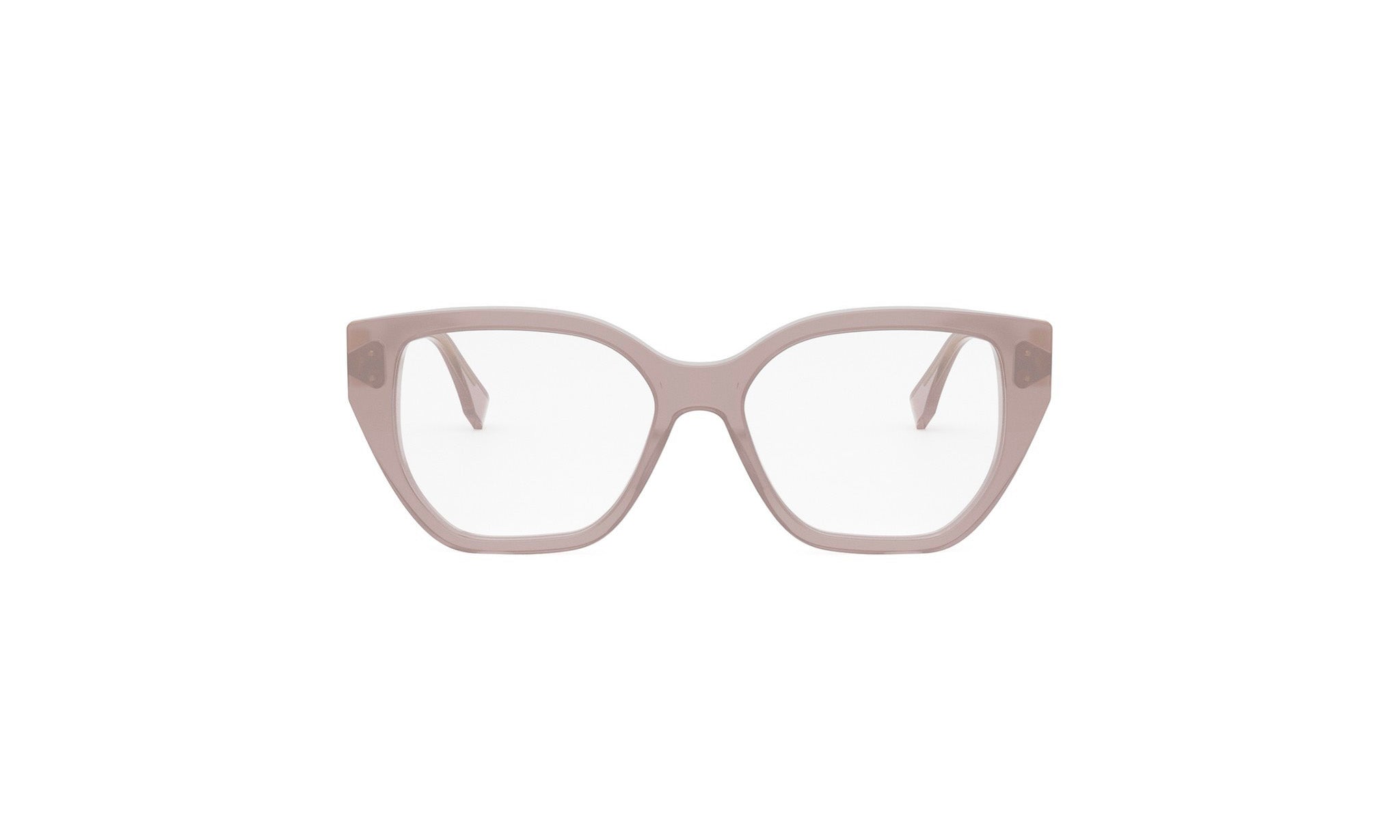 A pair of stylish, beige-framed glasses with clear lenses.