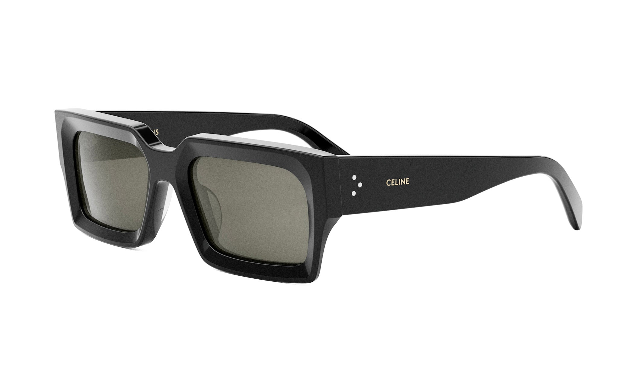 A pair of black sunglasses with a Celine logo on the frame.