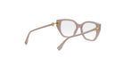 A pair of stylish, beige-framed glasses with gold accents, positioned in a way that showcases their design and features.