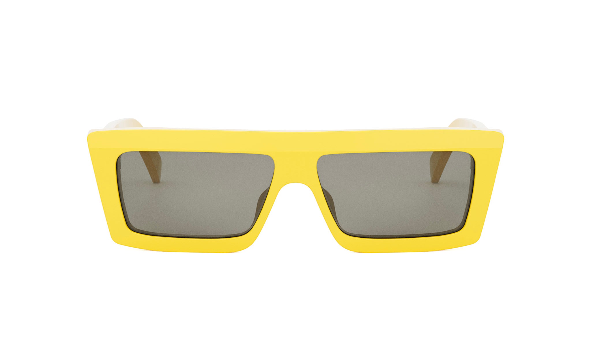 A pair of yellow rectangular sunglasses with dark lenses.