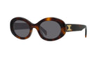 A pair of sunglasses with a tortoiseshell frame and dark lenses.