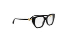 A pair of black cat-eye framed glasses with gold accents.
