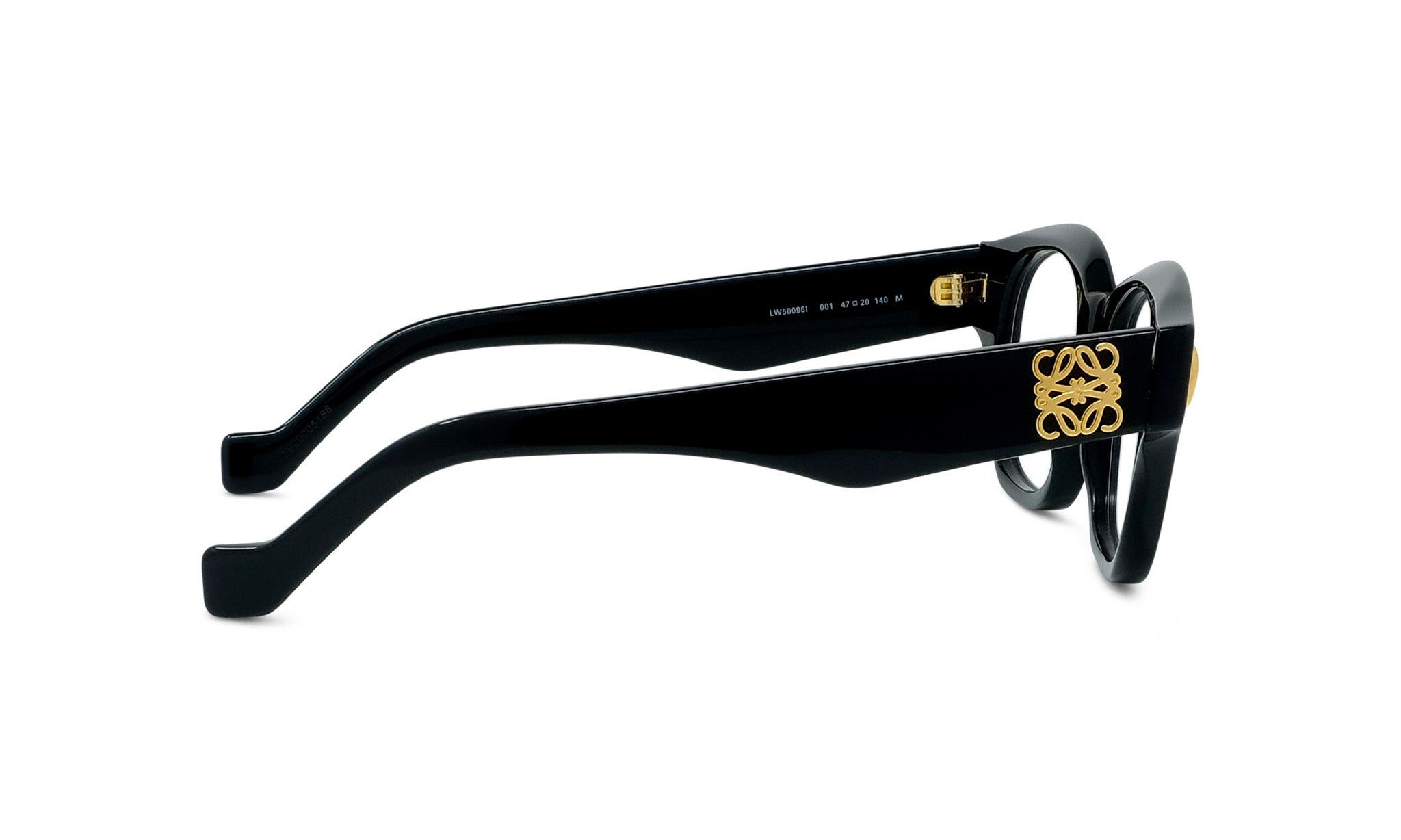 A pair of black-framed glasses with a gold logo on the side.