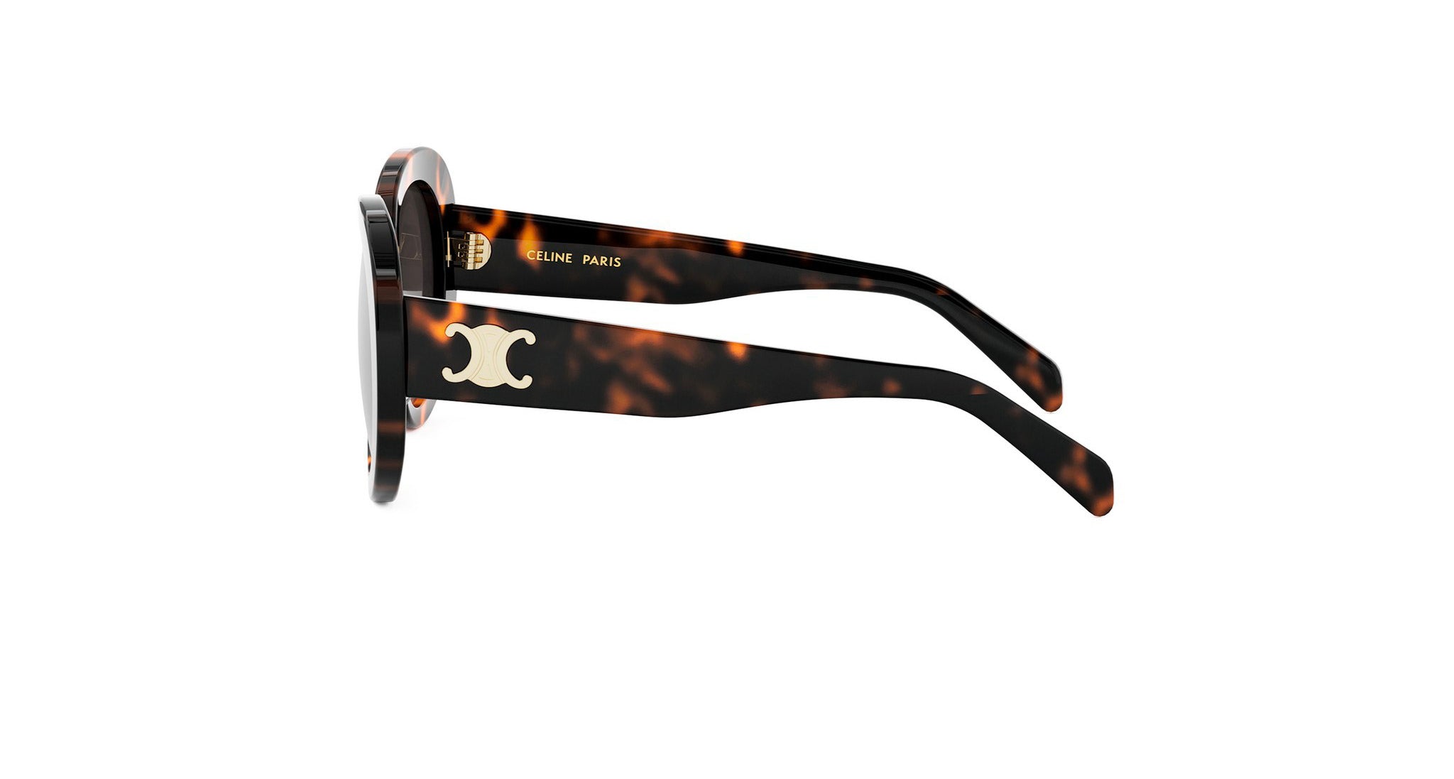 A pair of sunglasses with a tortoiseshell frame and a white logo on the side.