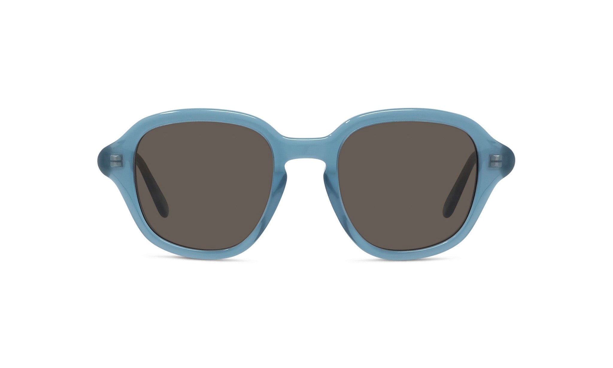A pair of blue-tinted sunglasses with dark lenses.
