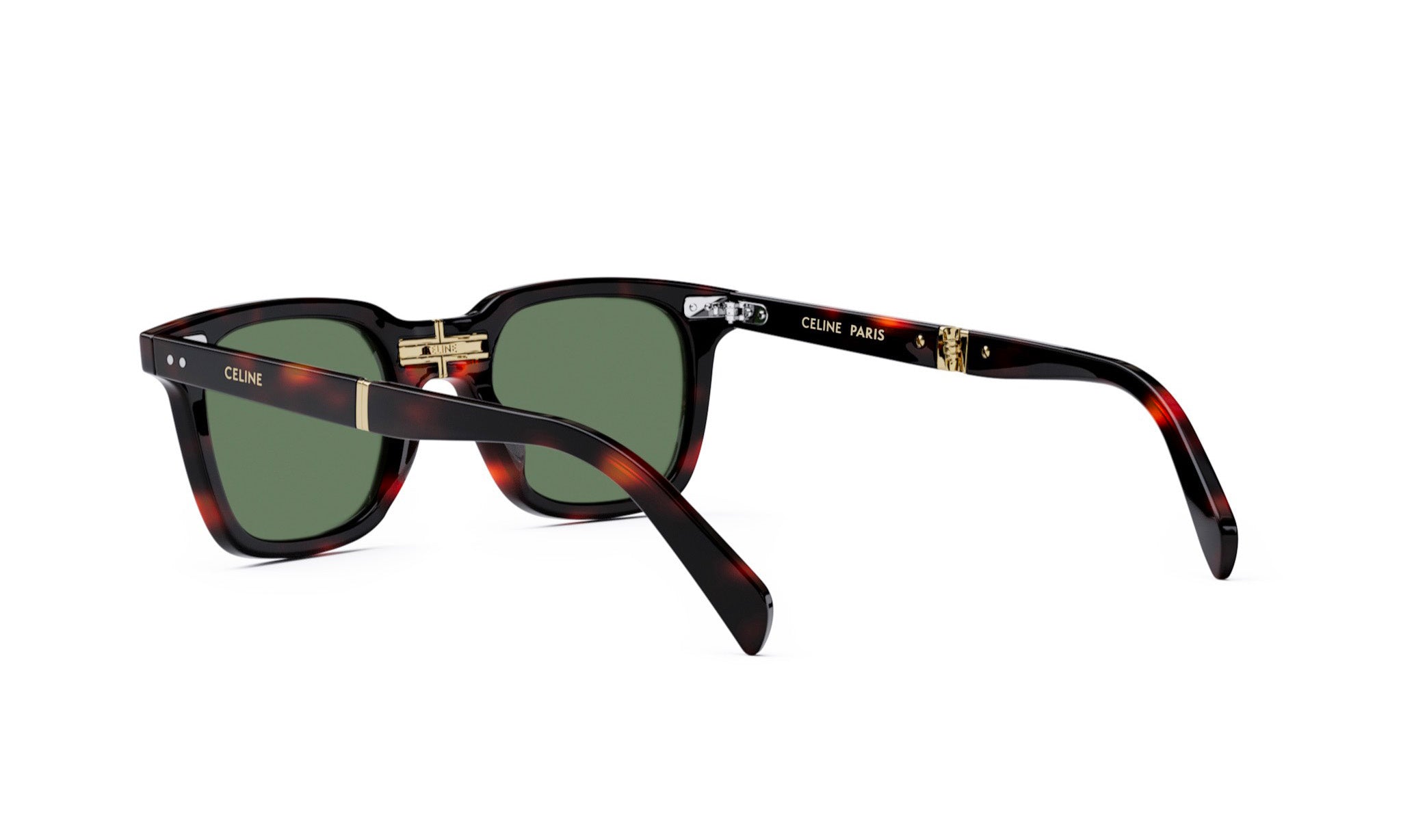 A pair of sunglasses with dark green lenses and a dark brown frame.