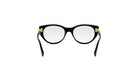 A pair of black cat-eye framed glasses with gold accents.