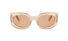 A pair of stylish sunglasses with a beige frame and brown lenses.