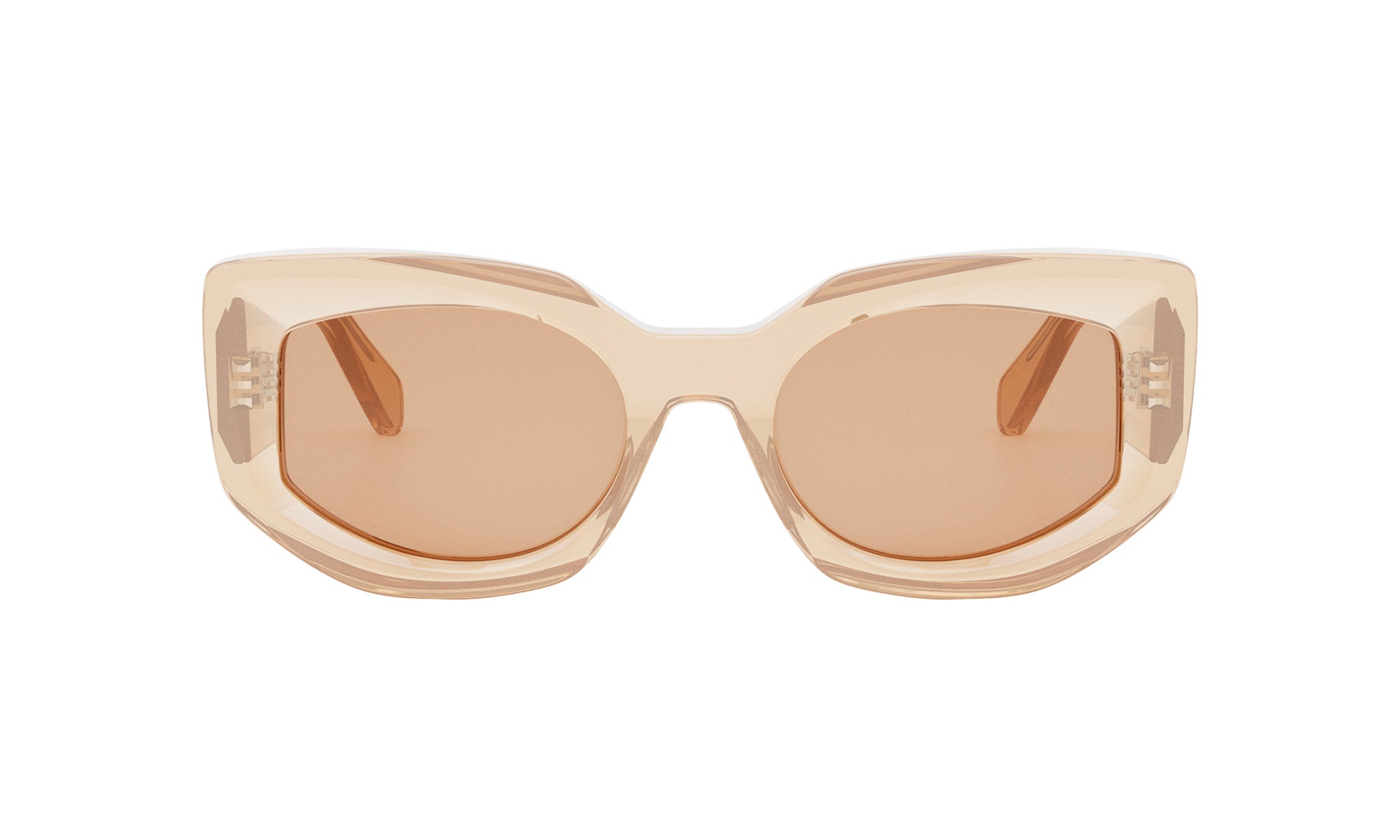 A pair of stylish sunglasses with a beige frame and brown lenses.
