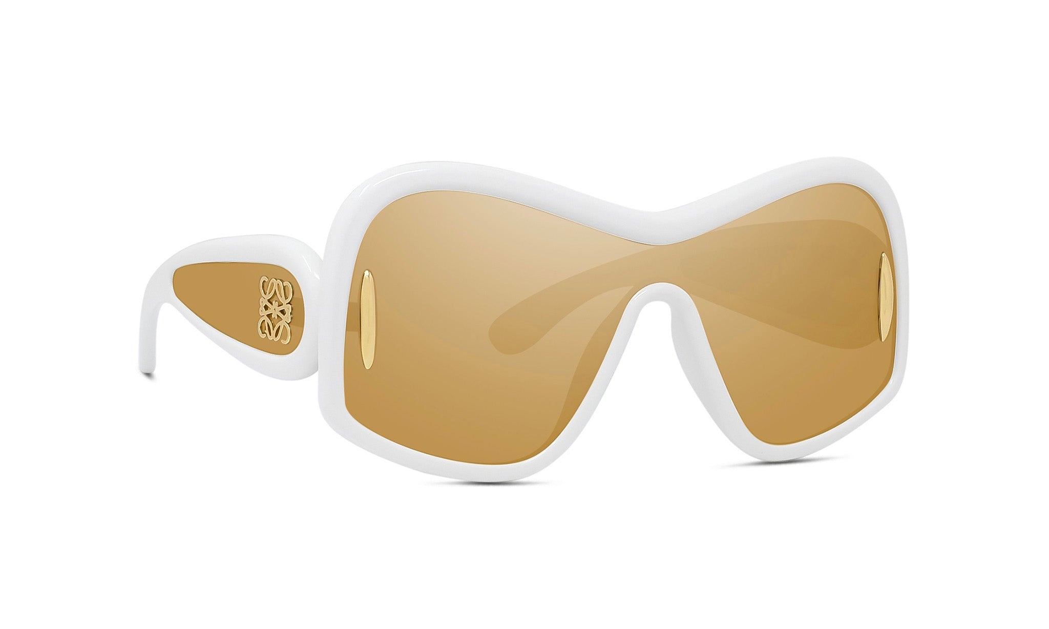 A pair of white and gold sunglasses with a unique, modern design.