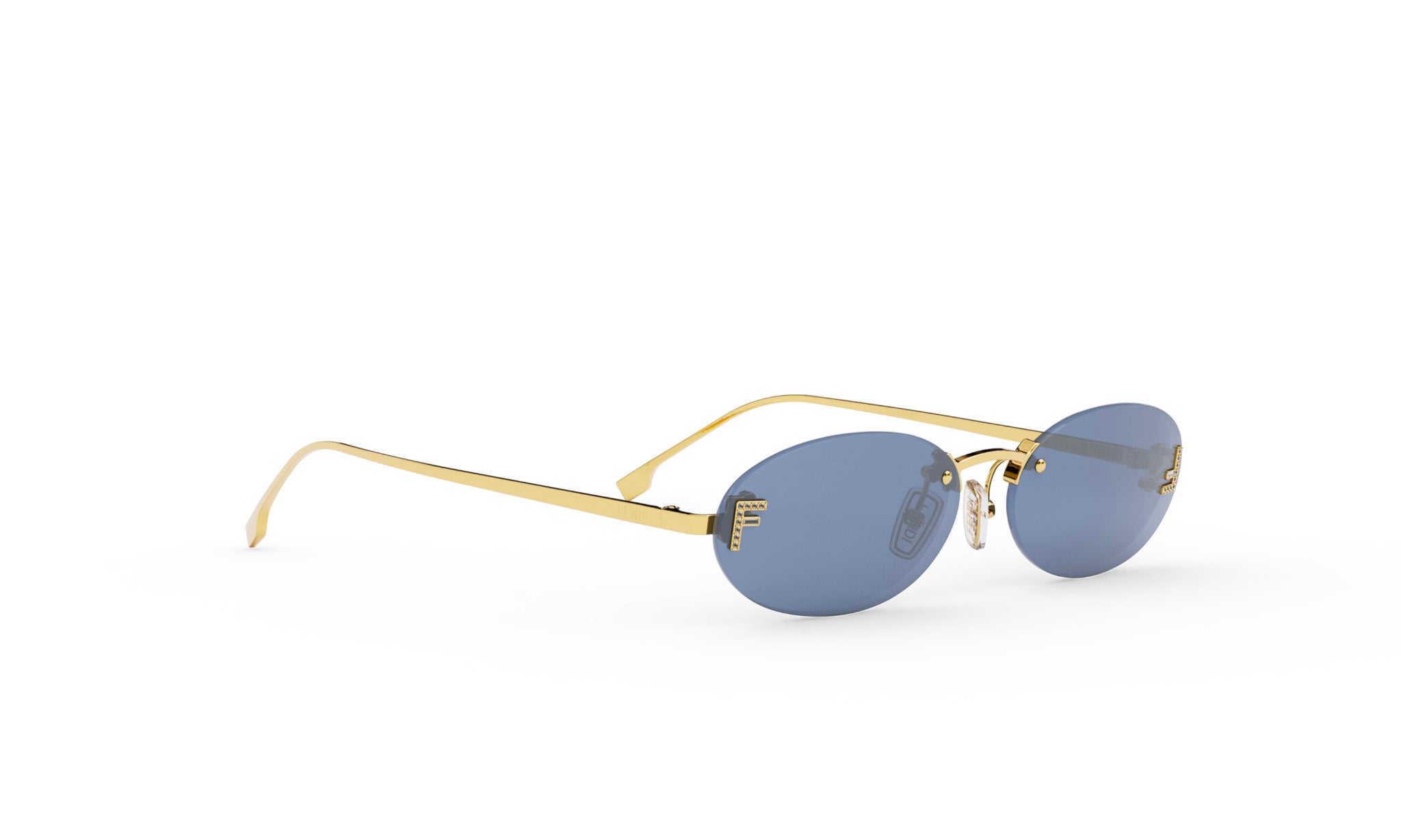A pair of gold rimmed sunglasses with dark blue lenses is shown against a white background.