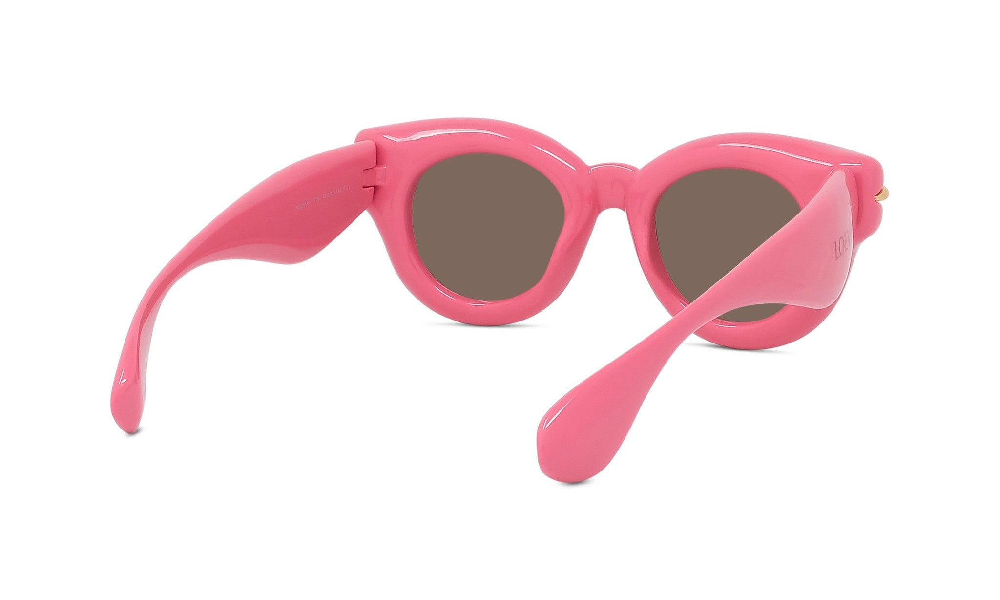 A pair of pink, cat-eye-style sunglasses with dark lenses.