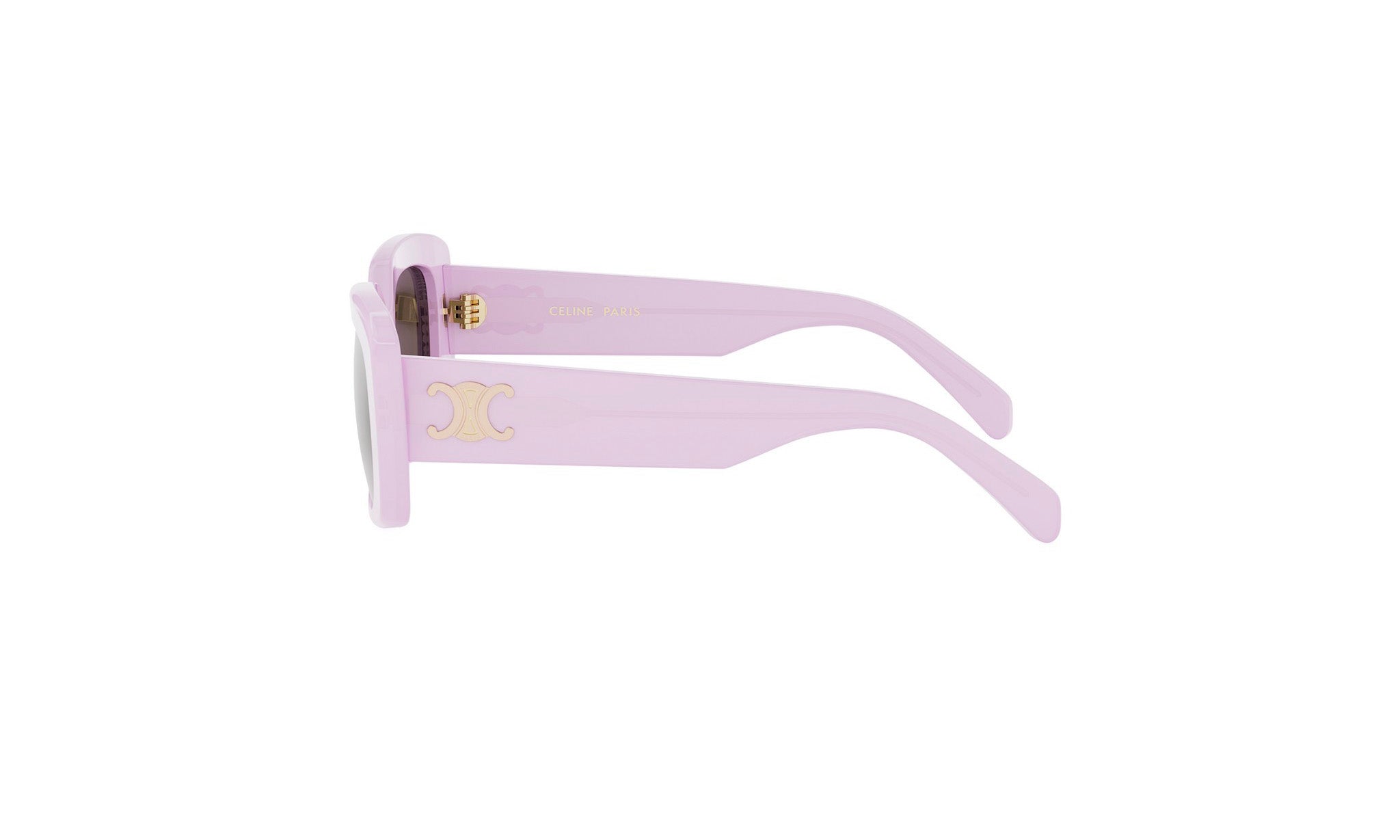 A pair of pink sunglasses with a gold logo on the frame.