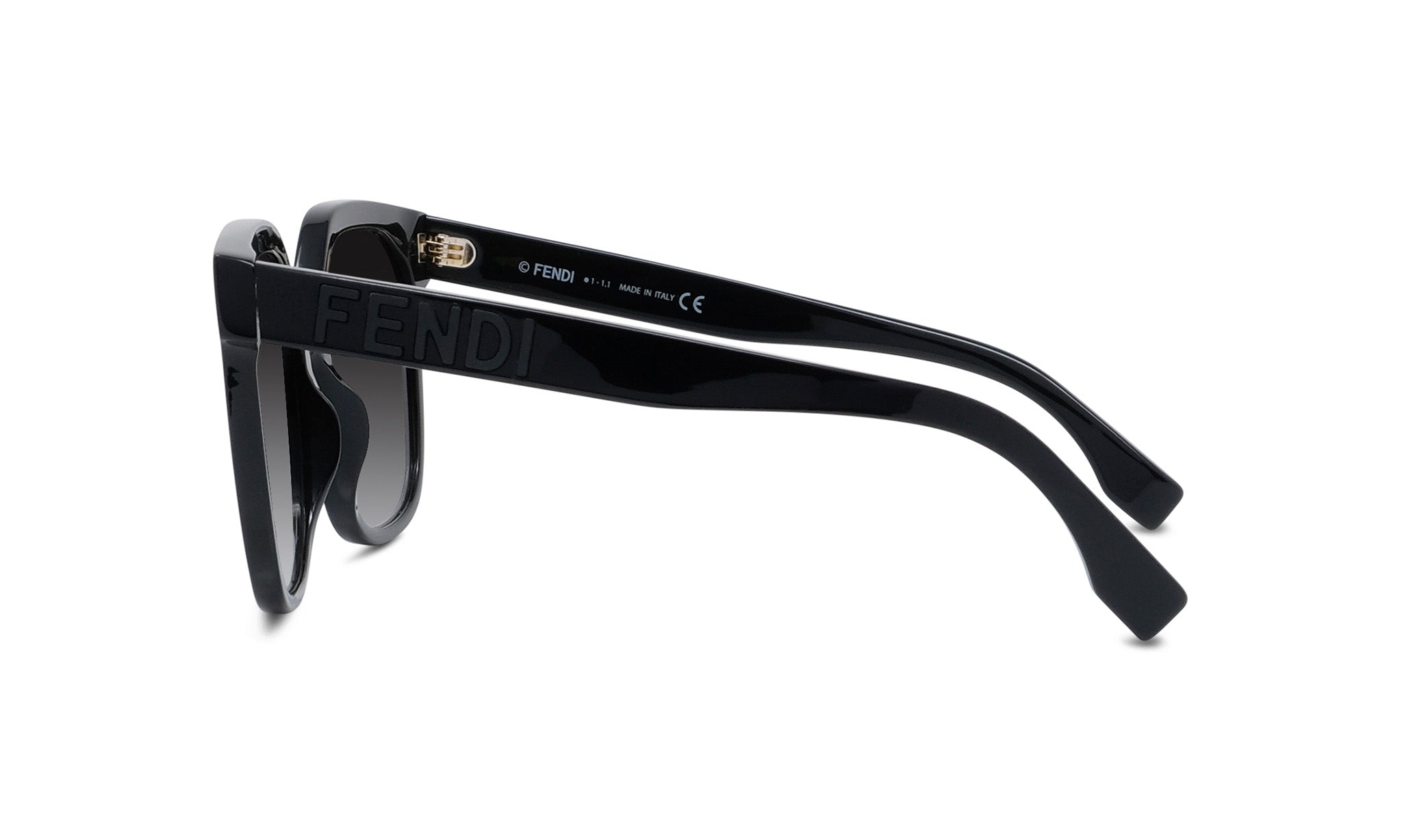 A pair of black Fendi sunglasses with the brand name visible on the frame.