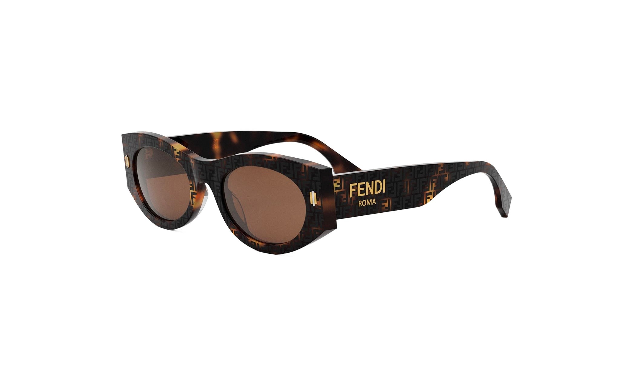 A pair of brown sunglasses with a dark frame and the Fendi logo on the side.