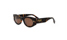 A pair of brown sunglasses with a dark frame and the Fendi logo on the side.