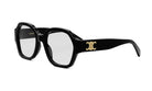 A pair of black, round-framed glasses with a gold logo on the side.