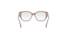 A pair of stylish, beige-colored eyeglasses with gold accents, featuring a sleek and modern design.