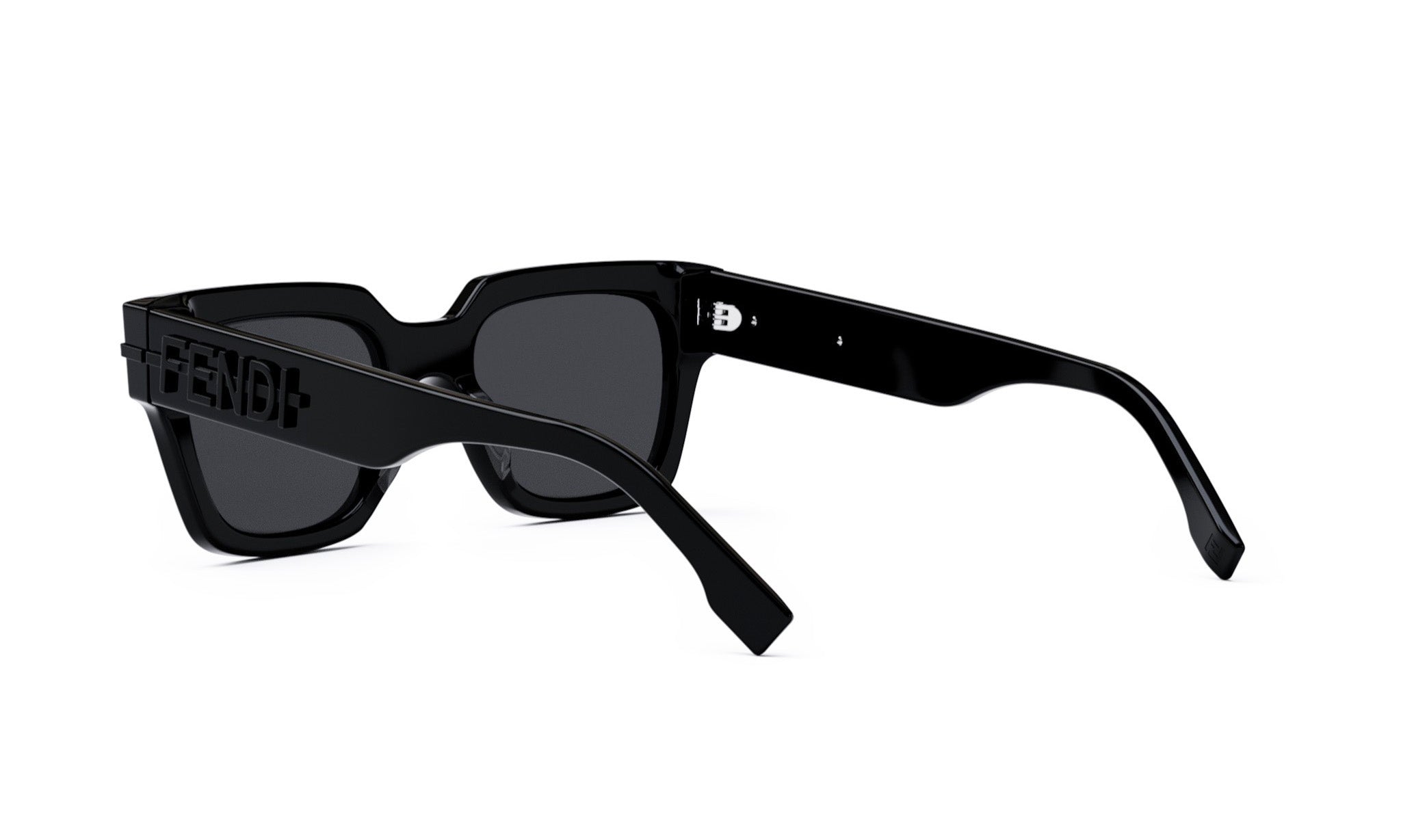 A pair of black sunglasses with the Fendi logo on the frame.