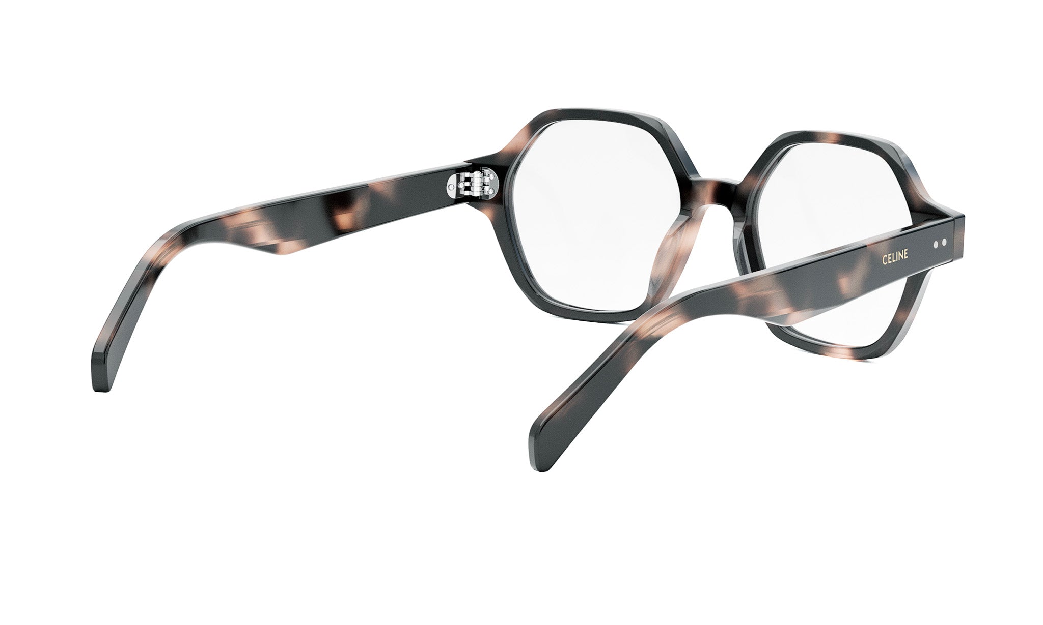 A pair of stylish, tortoiseshell-framed glasses with a dark frame and clear lenses.
