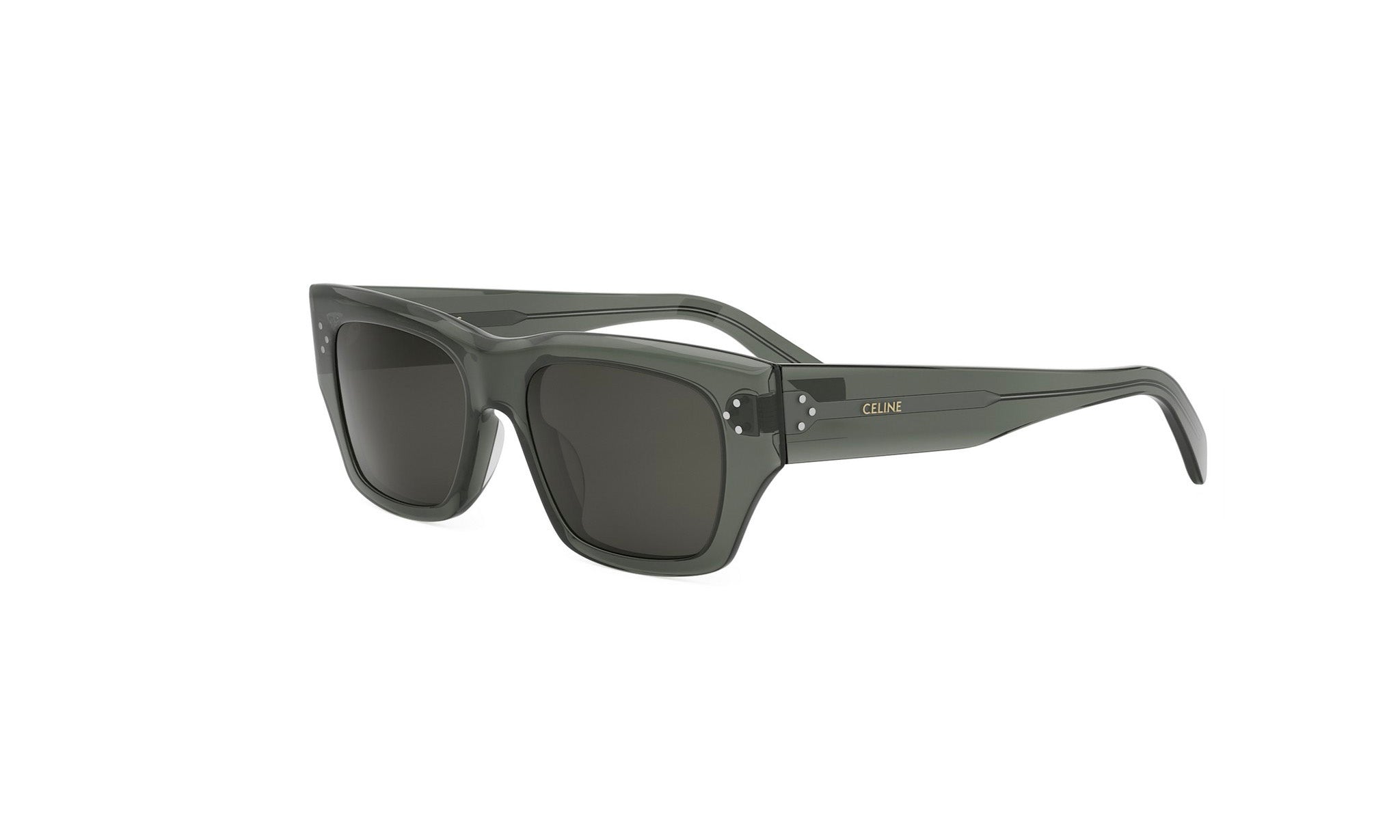 A pair of dark green sunglasses with the Celine logo visible on the frame.
