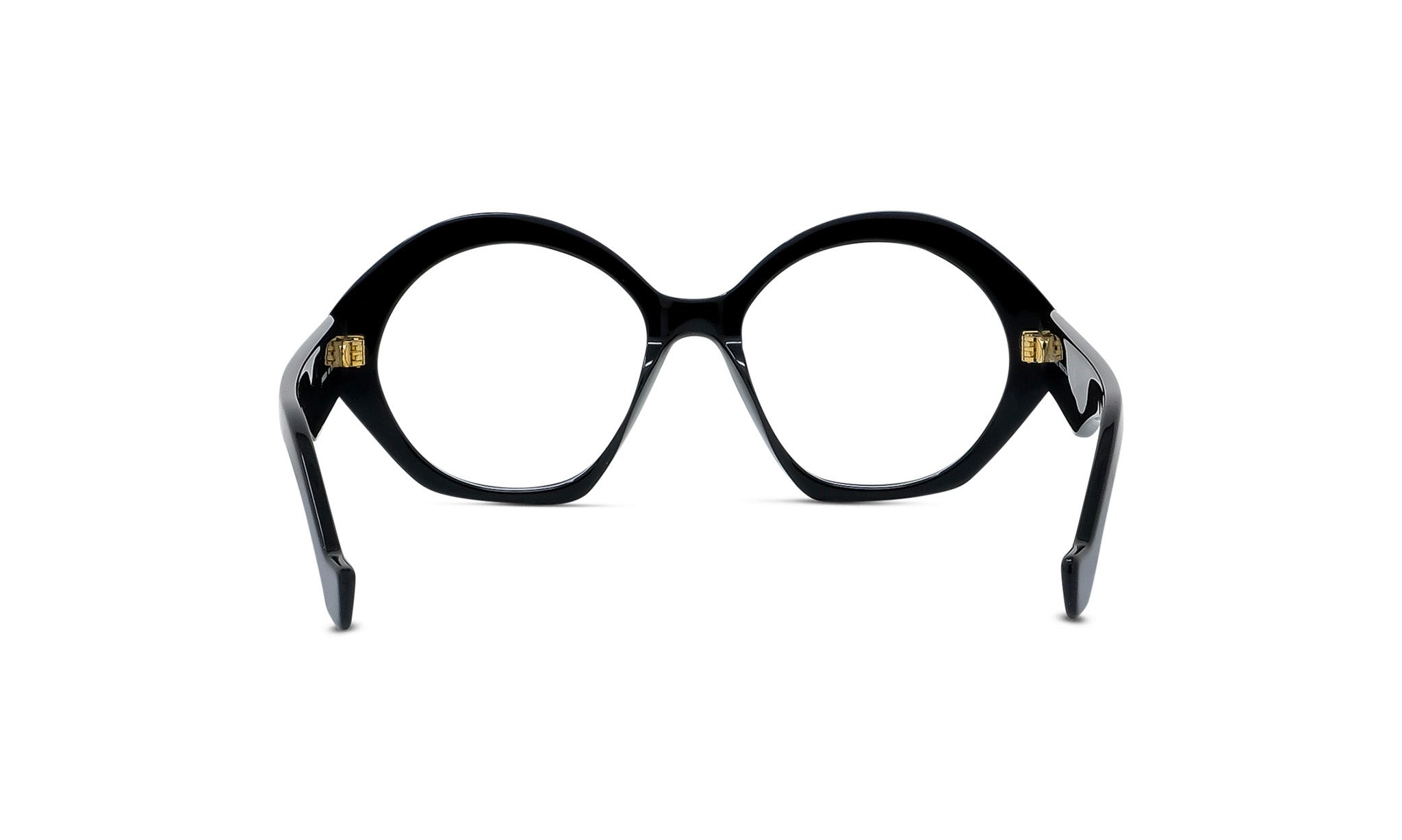 A pair of black, round-framed glasses with gold accents.