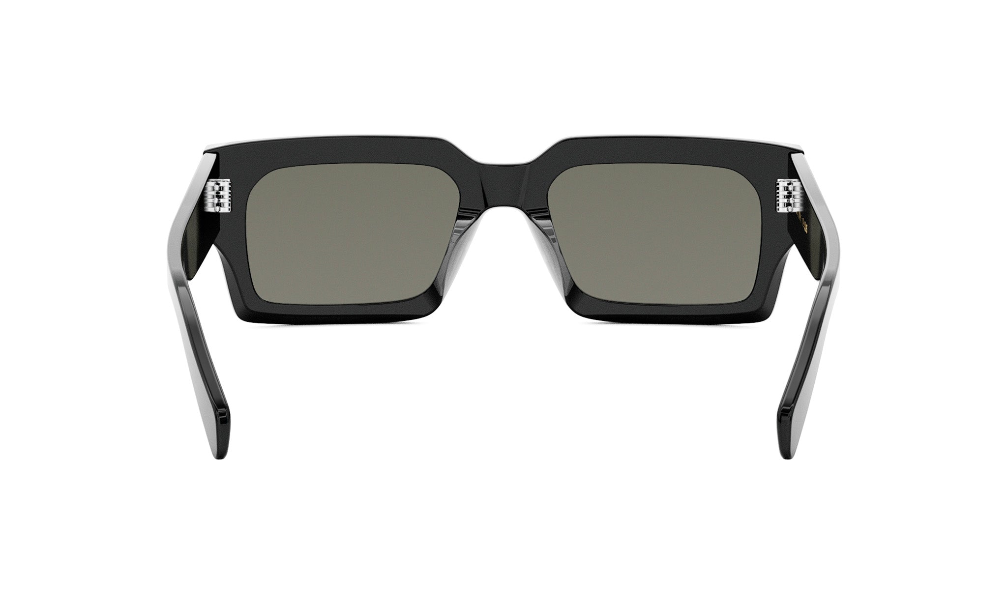 A pair of black sunglasses with dark lenses.