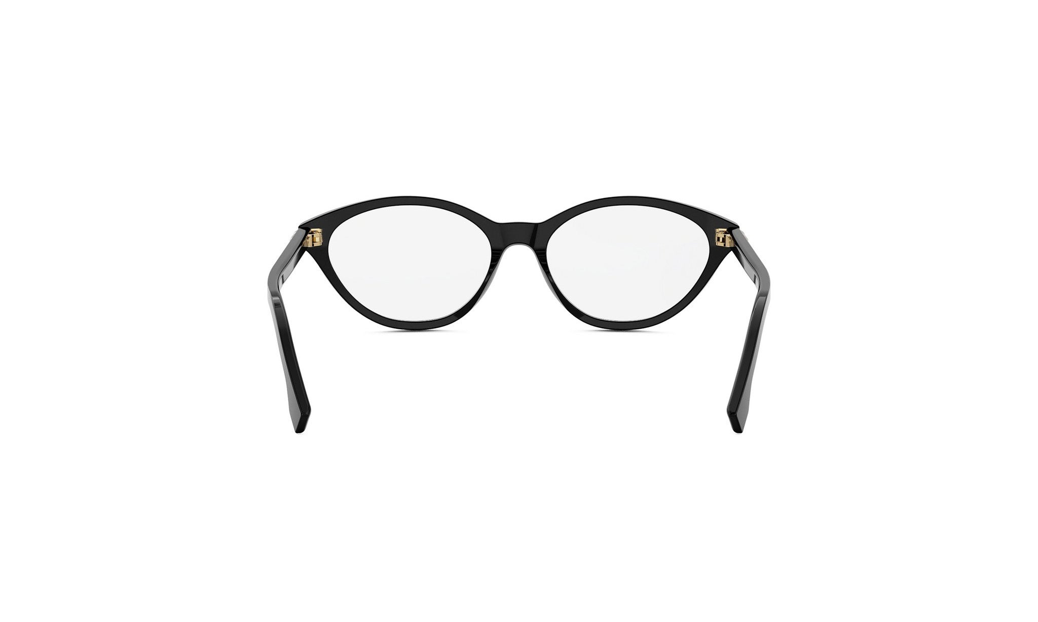 A pair of black cat-eye framed glasses with gold accents.