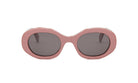 A pair of pink oval-shaped sunglasses with dark lenses.