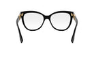 A pair of black cat-eye framed glasses with gold accents.