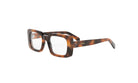 A pair of tortoiseshell-framed glasses with a dark brown frame and clear lenses.