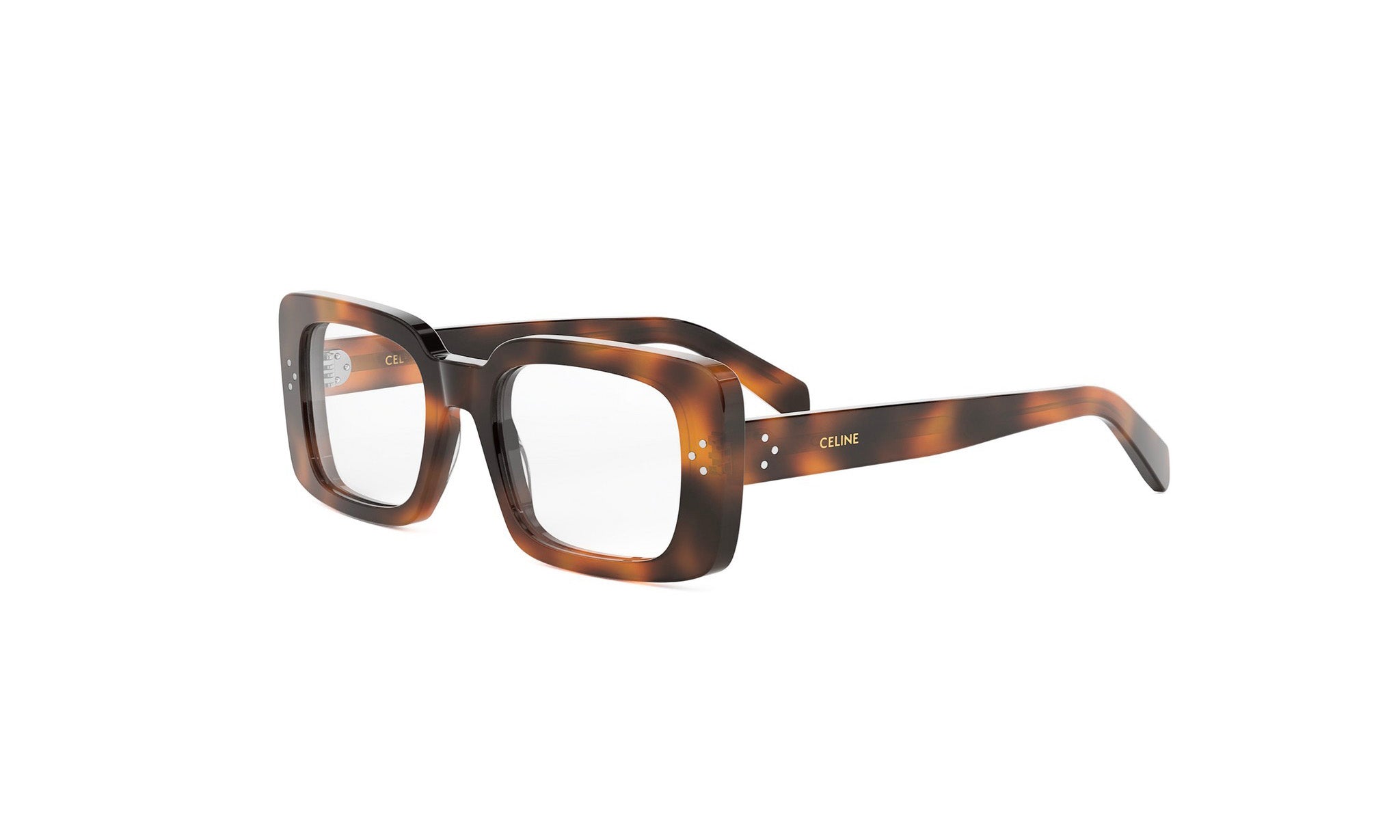 A pair of tortoiseshell-framed glasses with a dark brown frame and clear lenses.