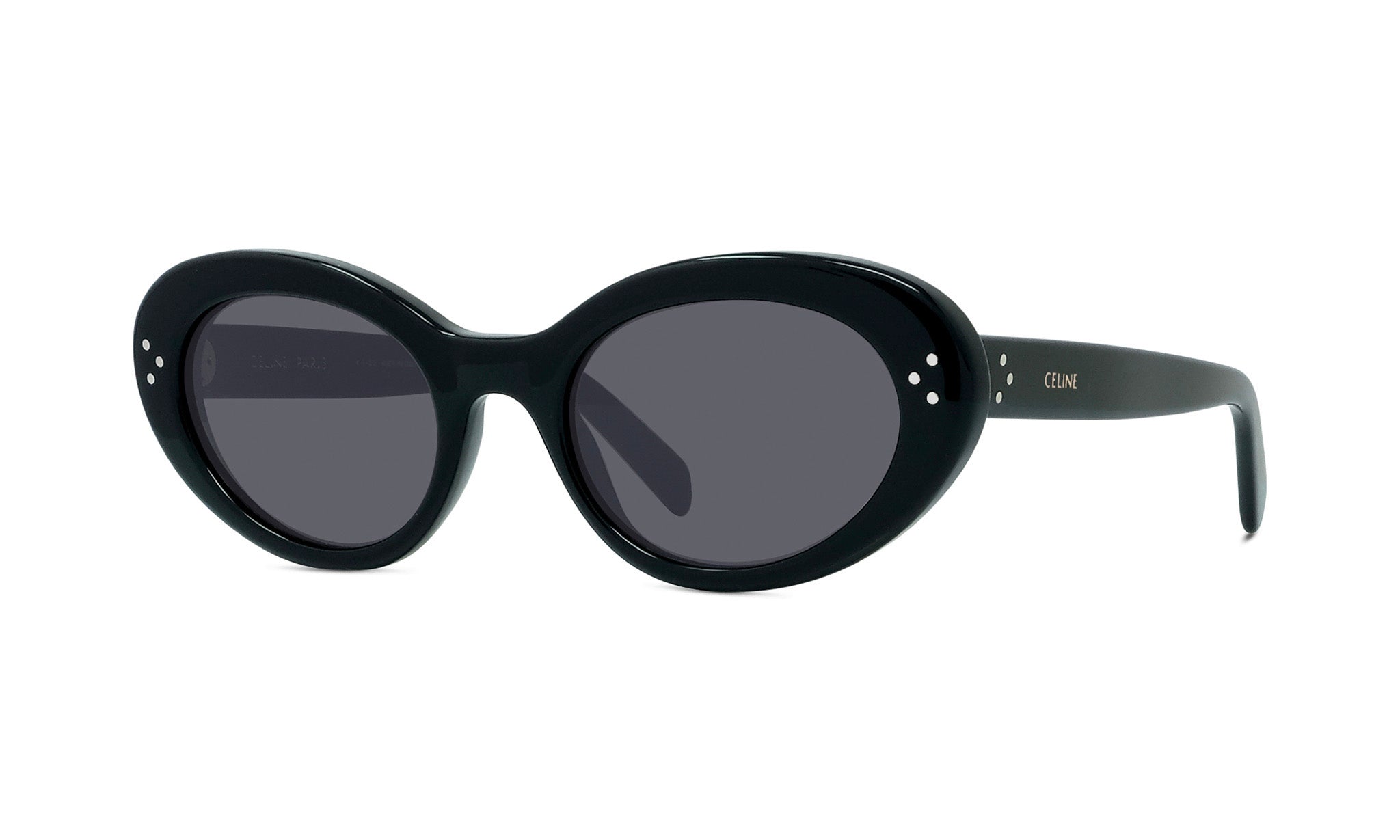 A pair of black oval-shaped sunglasses with dark lenses.