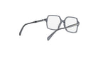 A pair of gray-framed glasses with clear lenses, positioned in a way that they are facing away from the camera.