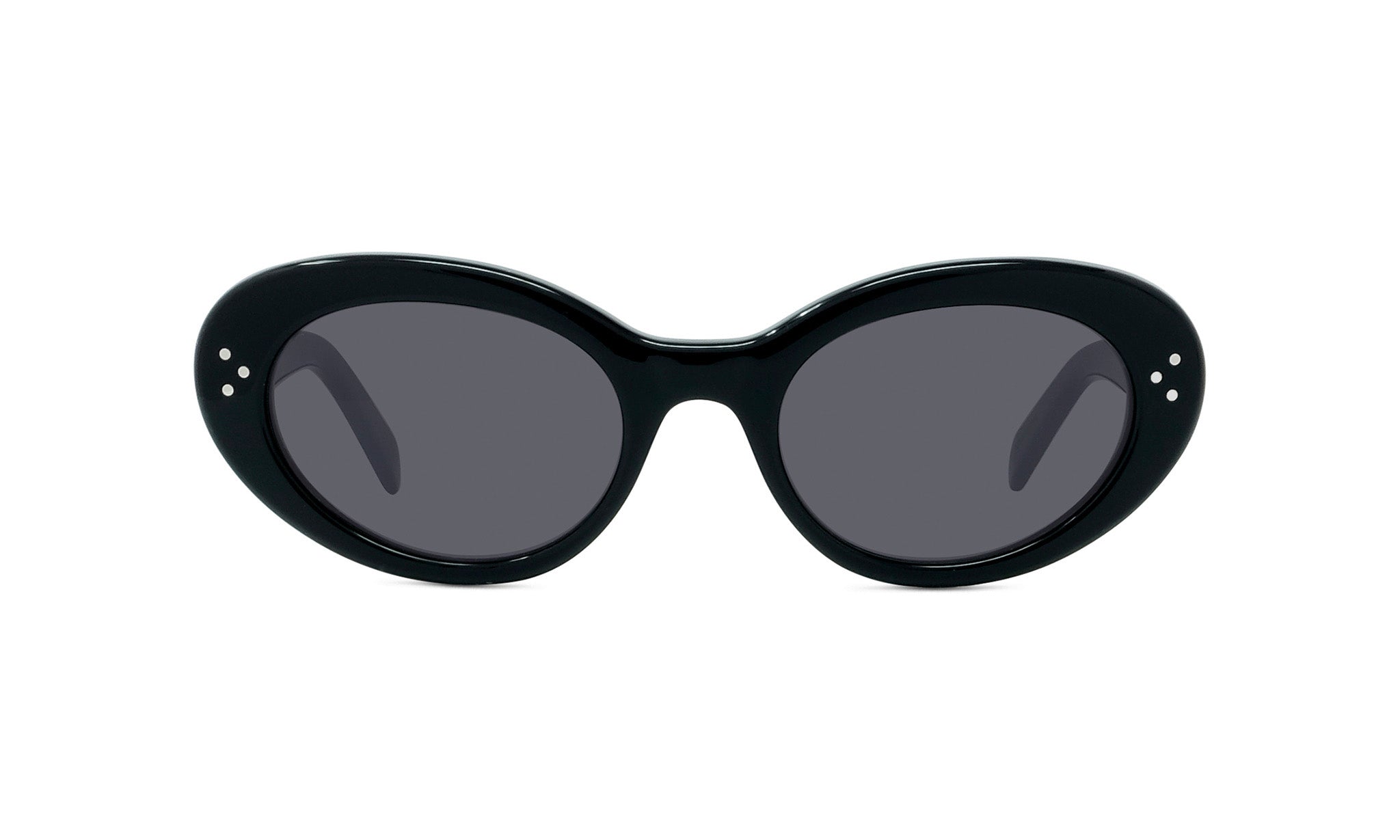 A pair of black sunglasses with dark lenses.