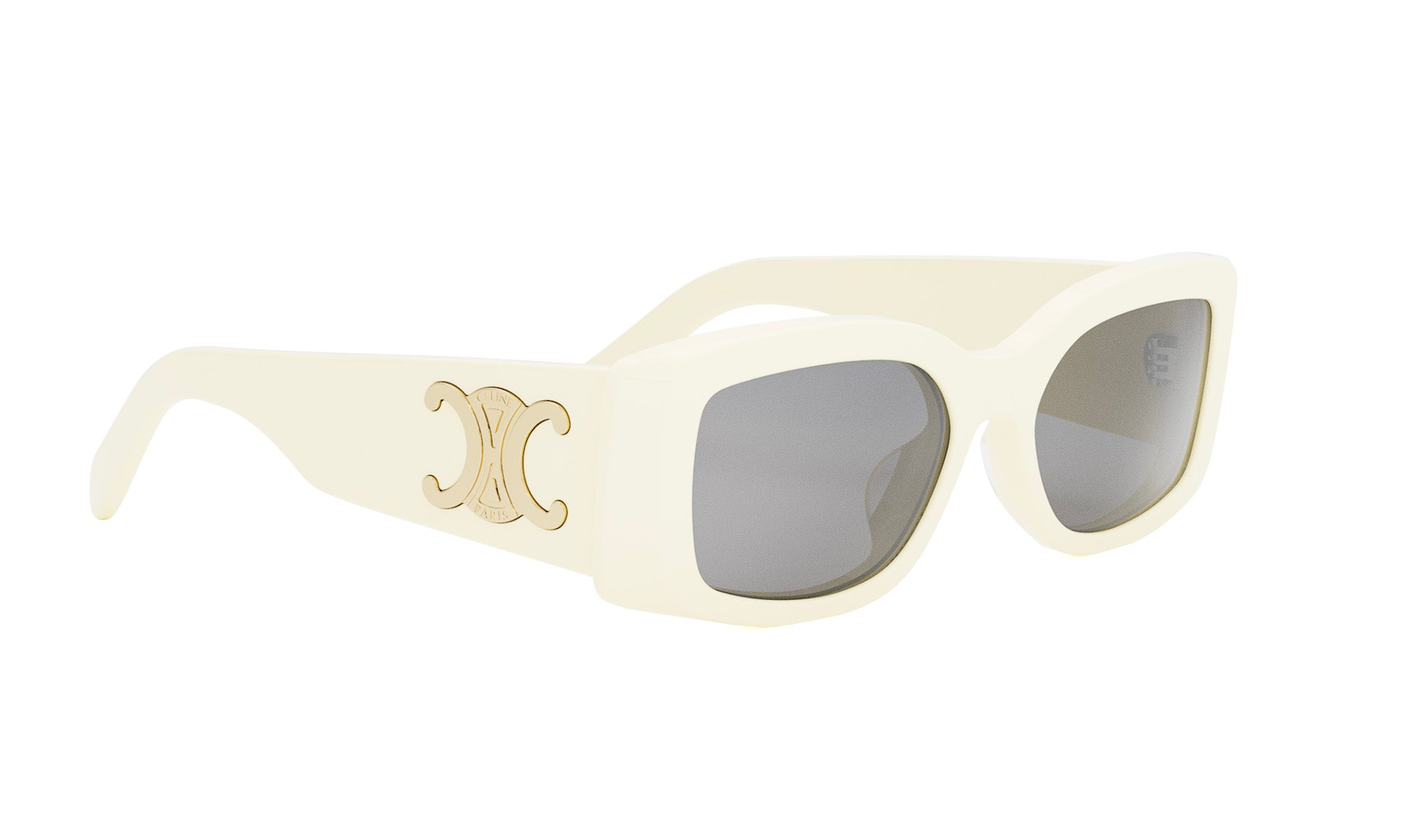 A pair of white, square-framed sunglasses with a gold logo on the side.