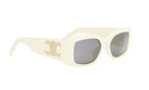 A pair of white, square-framed sunglasses with a gold logo on the side.