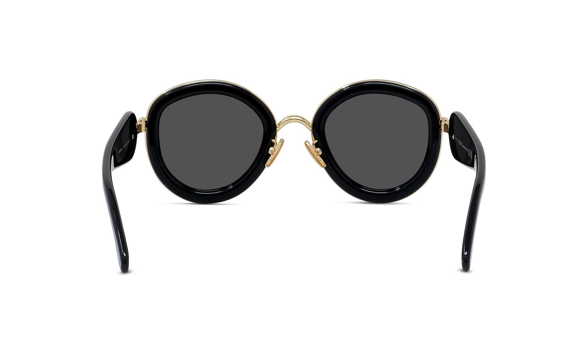 A pair of black round sunglasses with gold accents.