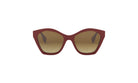 A pair of red cat-eye sunglasses with brown lenses.