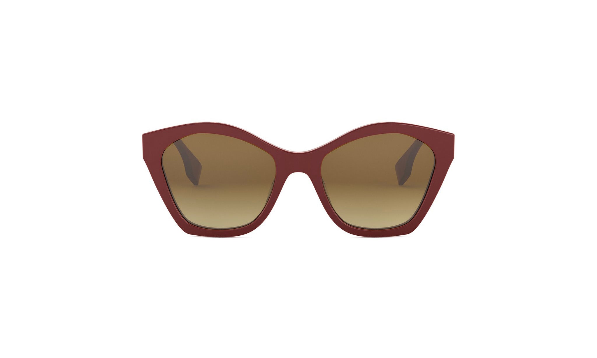 A pair of red cat-eye sunglasses with brown lenses.