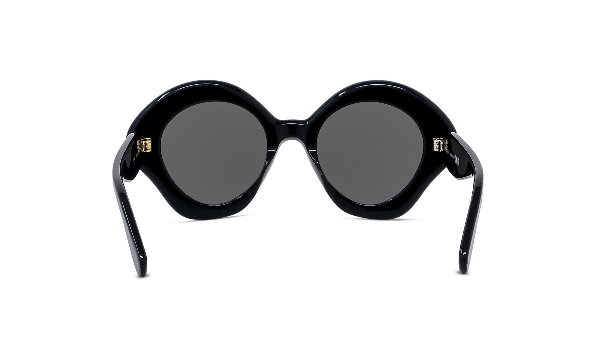 A pair of black, round sunglasses with dark lenses.