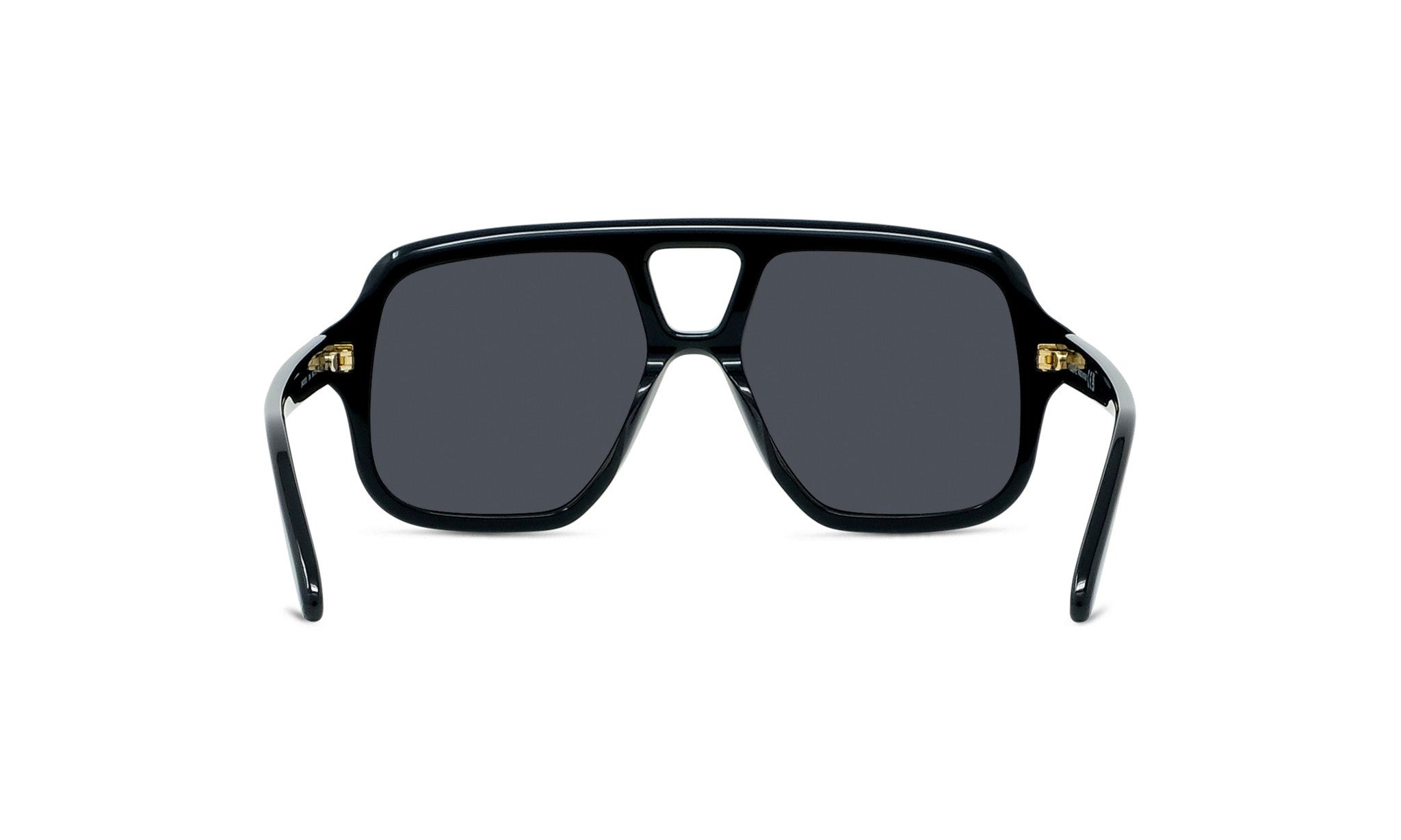 A pair of black sunglasses with dark lenses.