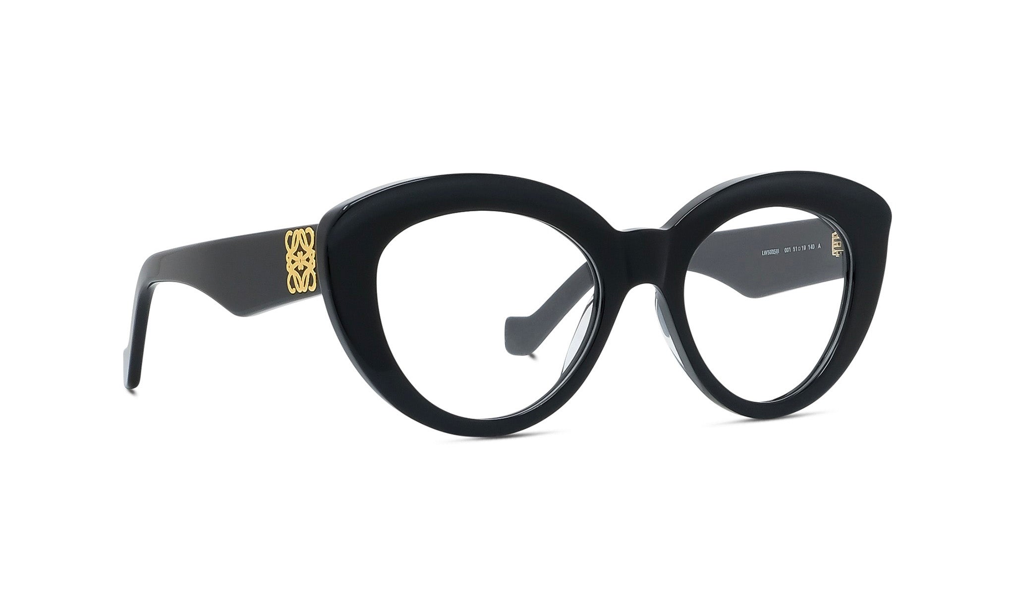 A pair of black cat-eye framed glasses with a gold geometric design on the side.
